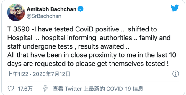 宝莱坞巨星阿米特巴·巴强感染新冠肺炎 已进医院治疗